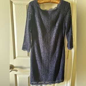 Adrianna Papell evening navy lace med sleeve sheath dress size 6P